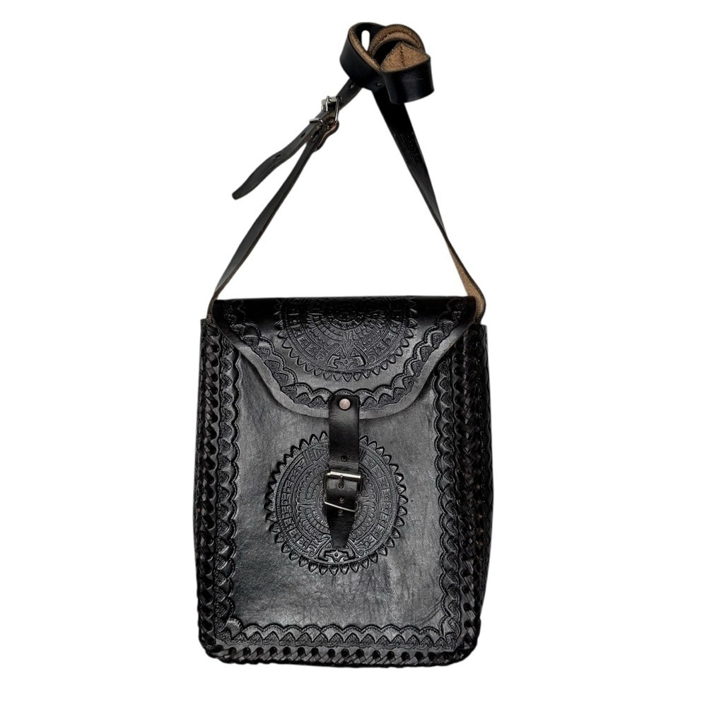 Hand Tooled Mexican Leather Crossbody Bag Black Artisan Boho Satchel OS - Picture 2 of 10